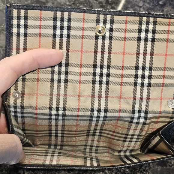 Burberry Black Pebbled Leather Nova Check Wallet w/Faux Pearl Strap/Twilly Added - Picture 3 of 13